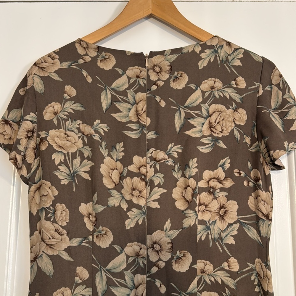 Saks Fifth Ave 100% Silk Brown Floral Maxi Sundress Short Sleeve Crew Neck Sz 6 - Picture 7 of 8
